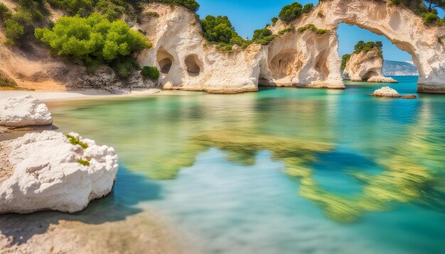 A rock formation is in the water near a body of water