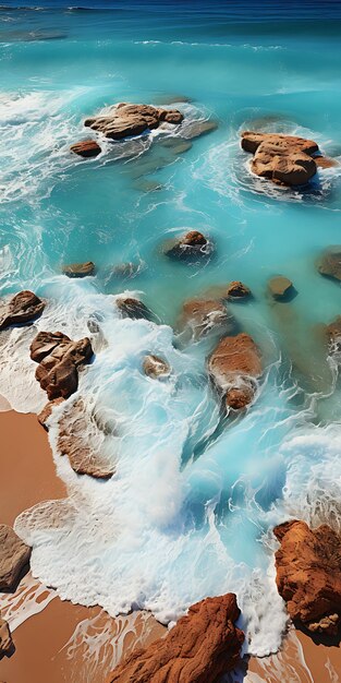 a rock formation is in the water with some rocks in the water