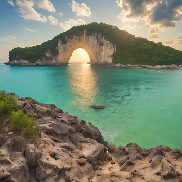 a rock formation is in the water with the sun shining through it