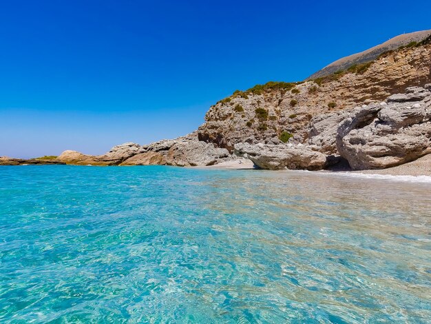 Rock formation in sea against clear blue sky