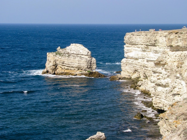 Rock formation in sea against clear sky