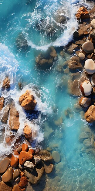 a rock formation with a blue water and some rocks