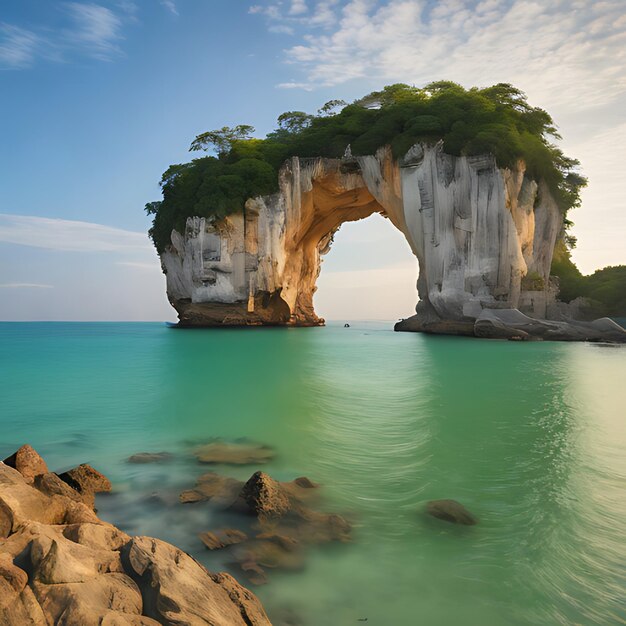 Photo a rock formation with a face in the water and a tree on the right