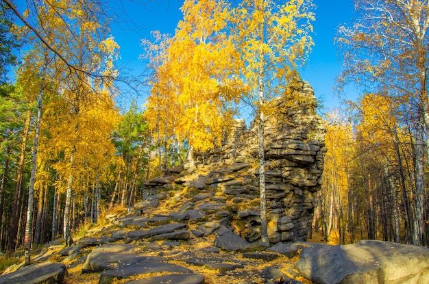 A rock formation with yellow leaves on the trees