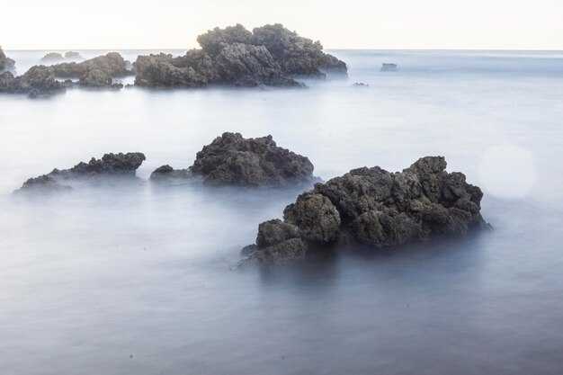 rock formations in the beach under sunset light