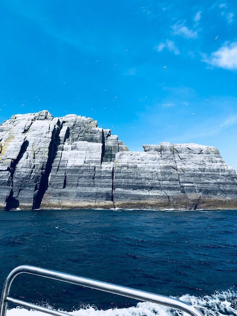 Rock formations by sea against blue sky