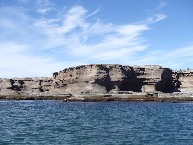 Rock formations by sea against blue sky