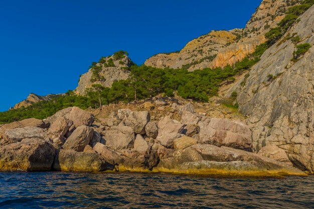 Rock formations by sea against clear blue sky