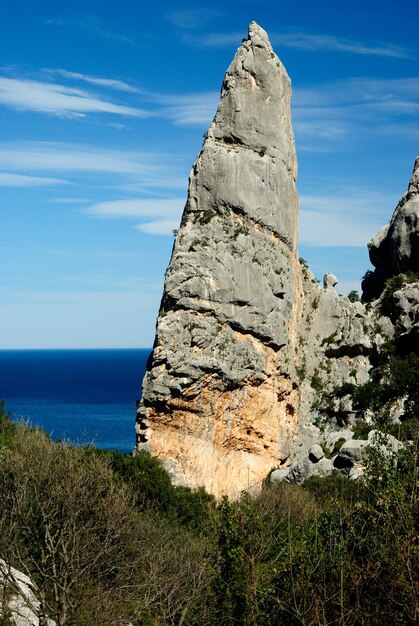 Rock formations by sea against sky