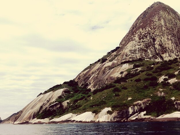 Rock formations by sea against sky