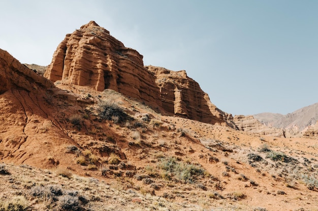 Скальные образования в ясный день в каньонах Конорчек Кыргызстан