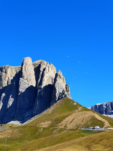 Rock formations on landscape against clear blue sky