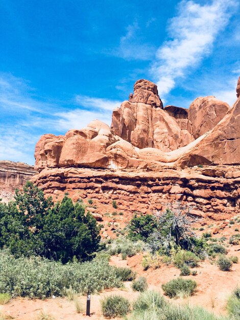 Rock formations on landscape against cloudy sky