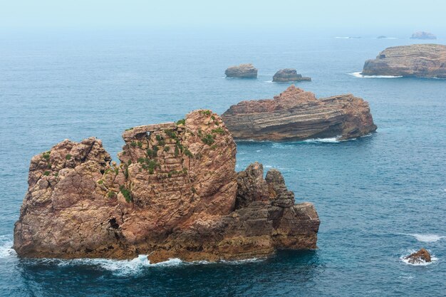 海岸近くの岩層夏の大西洋の岩の多い海岸ビューコスタビセンティーナアルガルヴェポルトガル