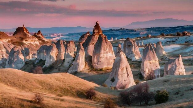 Photo rock formations in rose valley capadoccia in goreme turkey