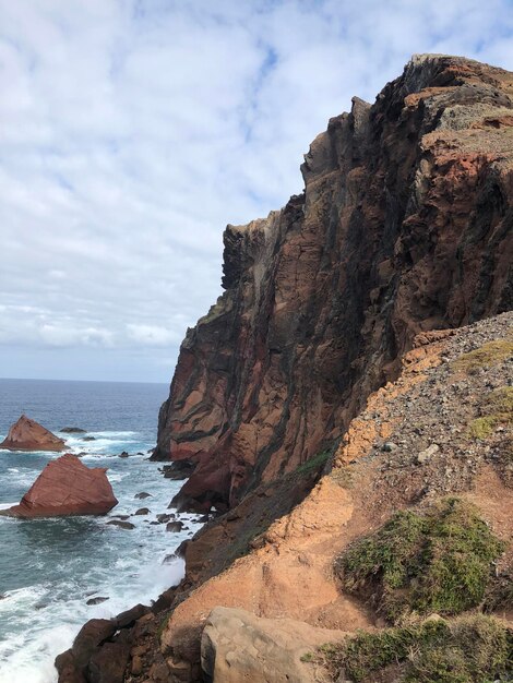 Rock formations on sea shore against sky