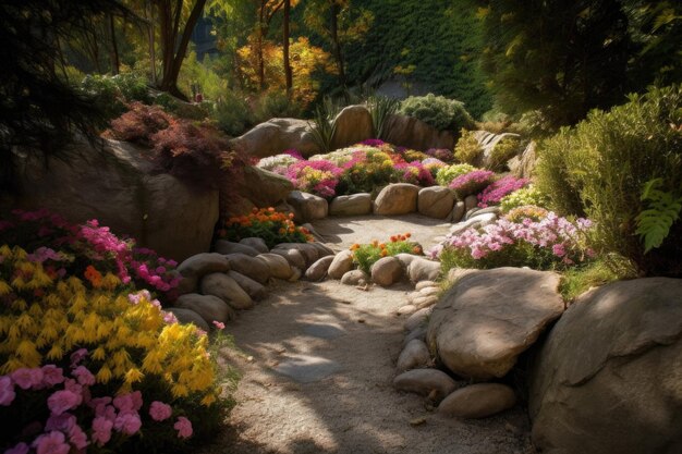 Rock garden with beautiful flowers and greenery for a serene atmosphere created with generative ai