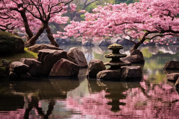 a rock garden with pink flowers