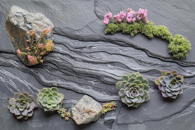 A rock garden with a variety of plants including succulents and flowers