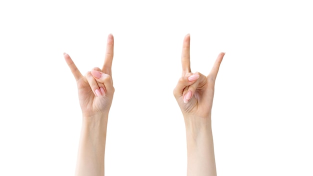 Rock gesture Victory joy Punk greeting Heavy metal festival Female hands showing horns sign isolated on white free space background