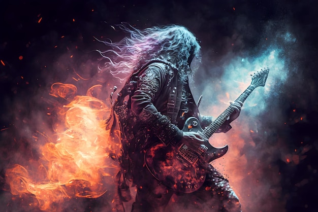 Photo rock guitarist plays music with fire and smoke musician performs at concert generative ai