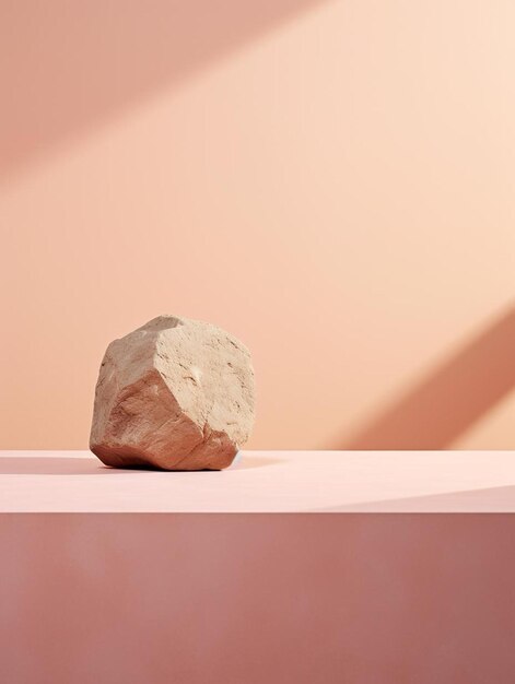 a rock is on a pink surface with a shadow of a wall behind it.