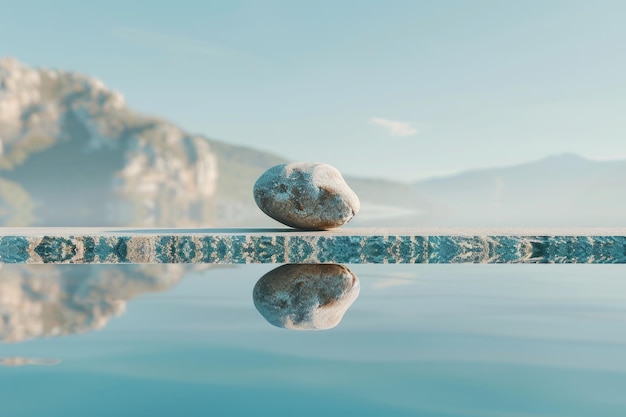 Foto una roccia è seduta su una sporgenza accanto a un corpo d'acqua