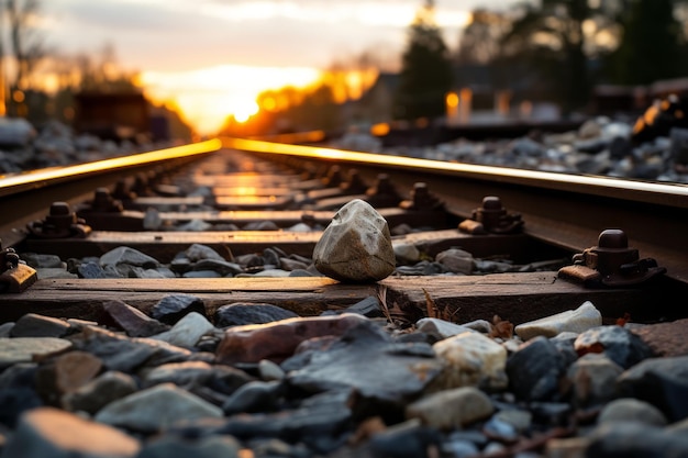 A rock is sitting on the railroad tracks at sunset