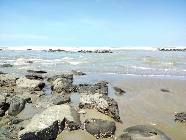 Foto la roccia è nell'acqua con l'oceano sullo sfondo