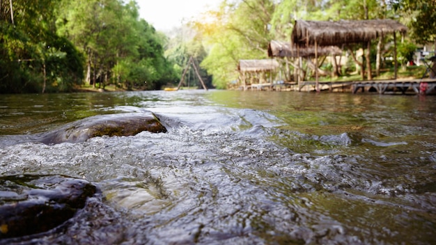 Foto roccia sul fiume kwai noi con lettiera sfocata sulla costa del fiume kwaipaesaggio con foresta verde d'acqua
