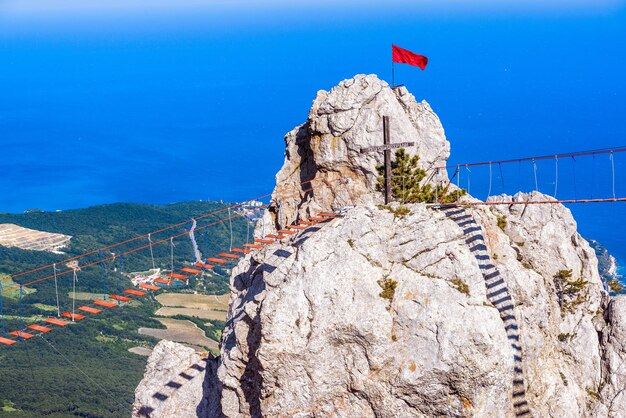 Rock on the Mount AiPetri with a rope bridge Crimea Russia