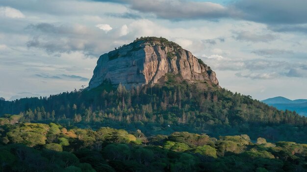 Rock mountain hill with green forest isolate on white