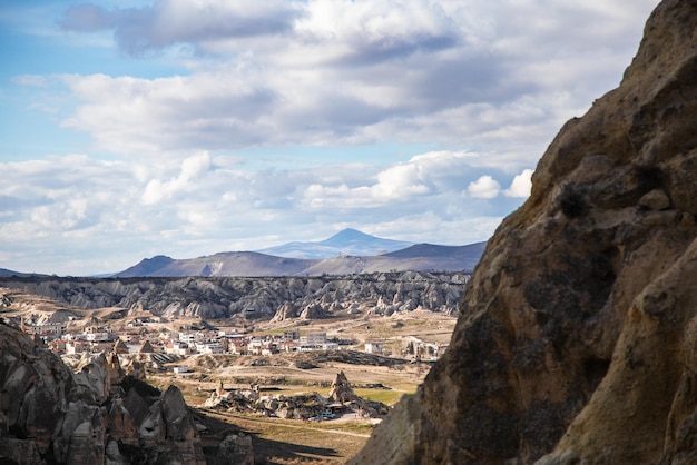 Rock mountain landscape without people in Cappadocia Goreme Turkey Ercias Volcano view