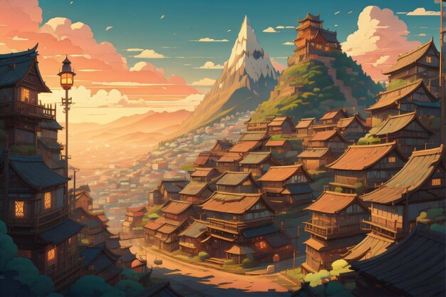 Rock mountain village landscape illustration