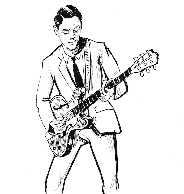 Rock musician playing electric guitar. Ink black and white drawing