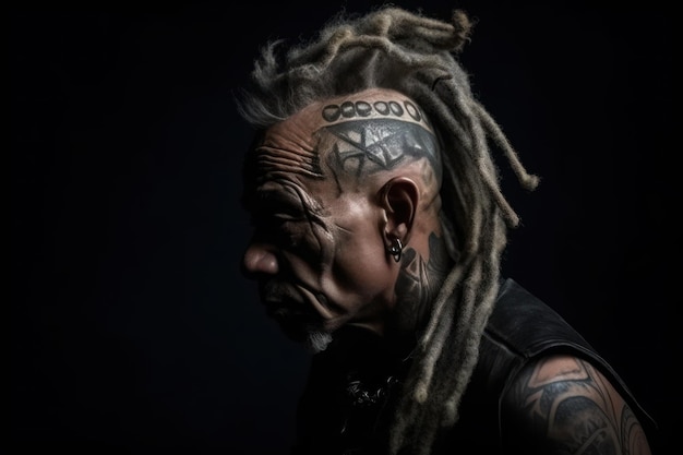 Рок-музыкант портрет жестокого зрелого человека с этническими татуировками на голове и шее с мохок дредлами на голове позирует на черном фоне студии этнической рок и панк культуры
