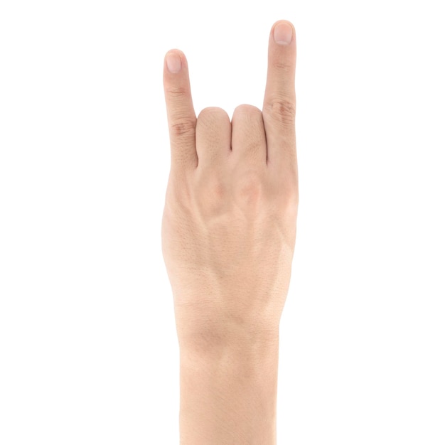 Знак рок-н-ролла жест рукой изолирован на белом фоне, обтравочный контур включен.