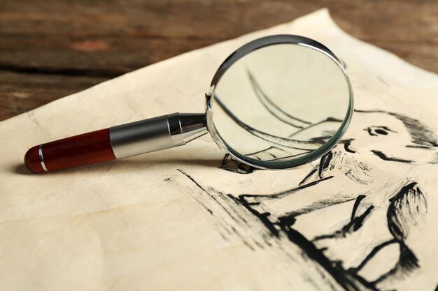 Photo rock paintings with magnifier on paper on wooden table close up