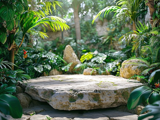 Rock podium gelegen te midden van een weelderig tropisch bos versterkt door een levendige groene achtergrond groene botanische planten.