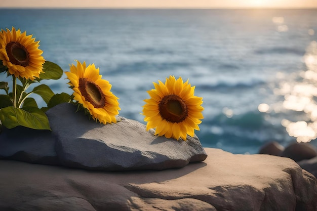 Rock podium met zonnebloemen op zee achtergrond