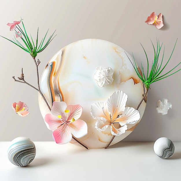 Photo rock podium and orchid flowers pastel color for cosmetic ai generative