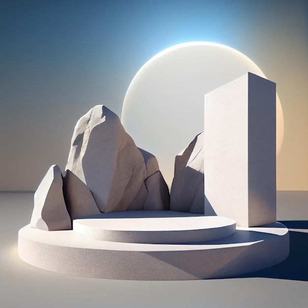 Rock podium or platform for product presentation display with mountain scene Generative AI