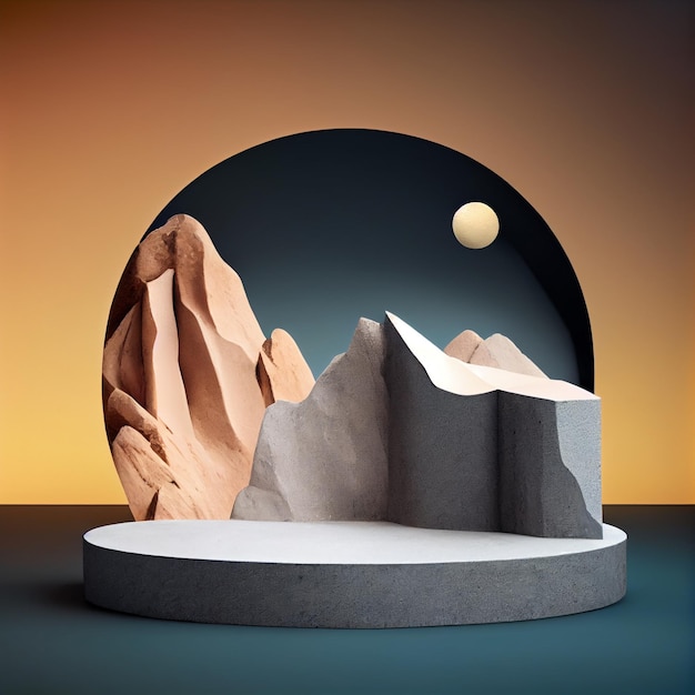 Rock podium or platform for product presentation display with mountain scene Generative AI