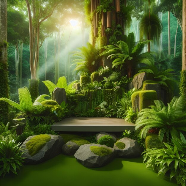 Rock podium set amidst a lush tropical forest enhanced by a vibrant green backdrop green botanicals