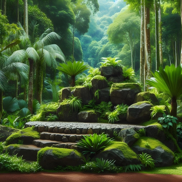 Rock podium set amidst a lush tropical forest enhanced by a vibrant green backdrop green botanicals