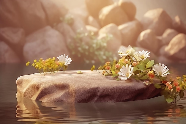 A rock podium in the water with flowers on it Generative ai