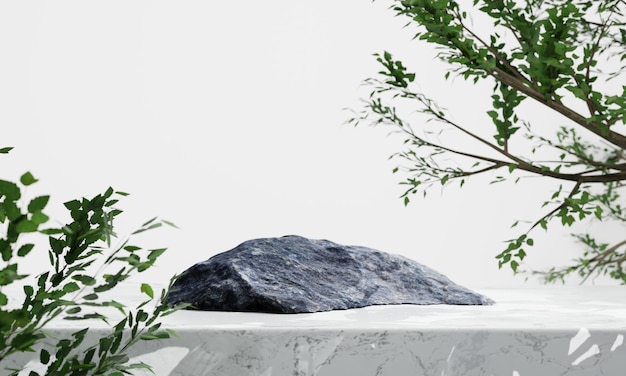 Rock podium on white table background Natural and cosmetics concept 3D illustration rendering