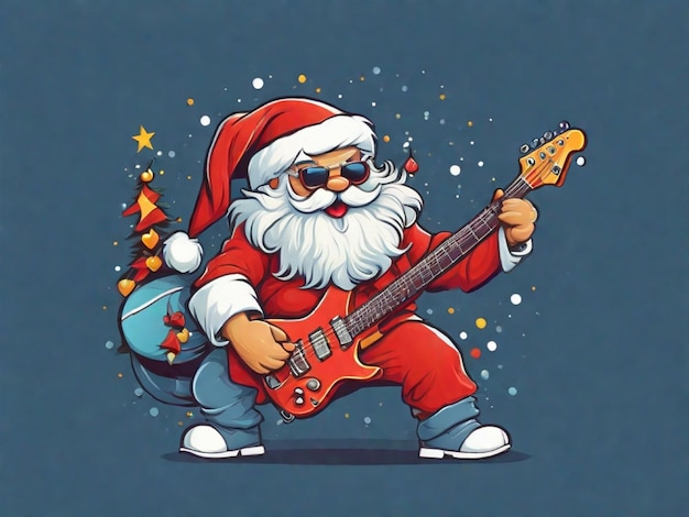 Rock Santa Festive character with a guitar Christmas and new year poster Tshirt design