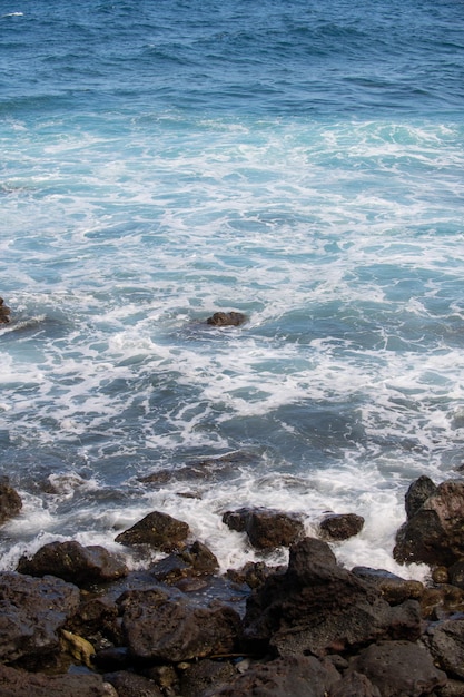 Rock and sea view of turuoise water and lava rocks beach
atlantic ocean waves topical travelling bac...