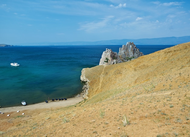 Rock Shamanka at headland Burhan  .Olkhon island, lake Baikal, Siberia, Russia